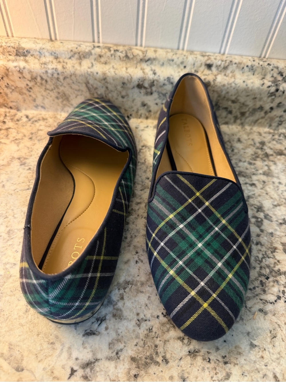 Talbots Navy Plaid Slip-On Loafers Christmas ๐ Holiday Green Tartan Preppy - Picture 3 of 8